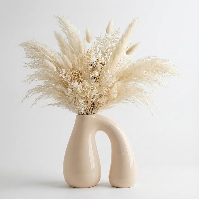 PROBENEX Cream White Ceramic Decorative Pitcher Vase, 7.5 in – Glossy Sculptural Arch-Handle, Modern Home Décor Accent for Fresh or Dried Floral Arrangements, Table/Shelf/Entryway, Giftable