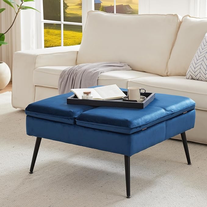 Square Ottoman with Storage, Large Oversized Ottoman Coffee Table, Double Flipping Lid & Mid-Century Modern & Velvet Style, Loads 660 lb, for Living Room, Bedroom, Entryway, Navy