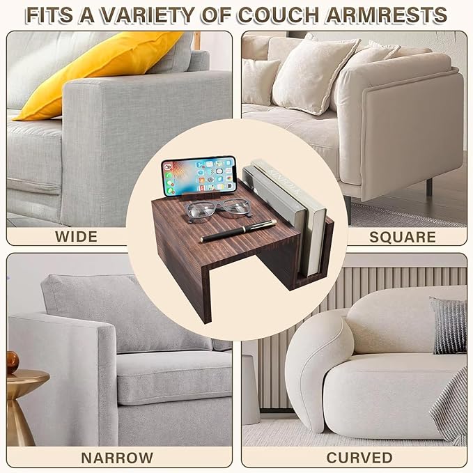 Couch Arm Table Tray with 360° Phone Holder Side Storage Pocket 3 in 1 Couch Armrest Table Wooden Clip-On Sofa Arm Tray Table for Living Room TV Dinners Eating Drinks Snacks (Brown)