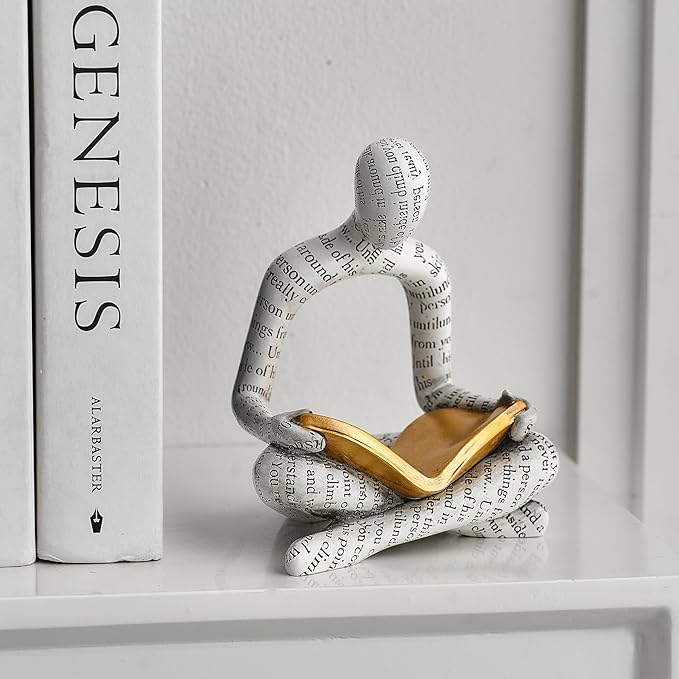 White Decor Reading Statue - Modern Abstract Thinker Sculptures - Resin Decorations for Living Room Coffee Table - Bookshelf Shelf Decor Accents for Dining Room Office - Gifts for Women