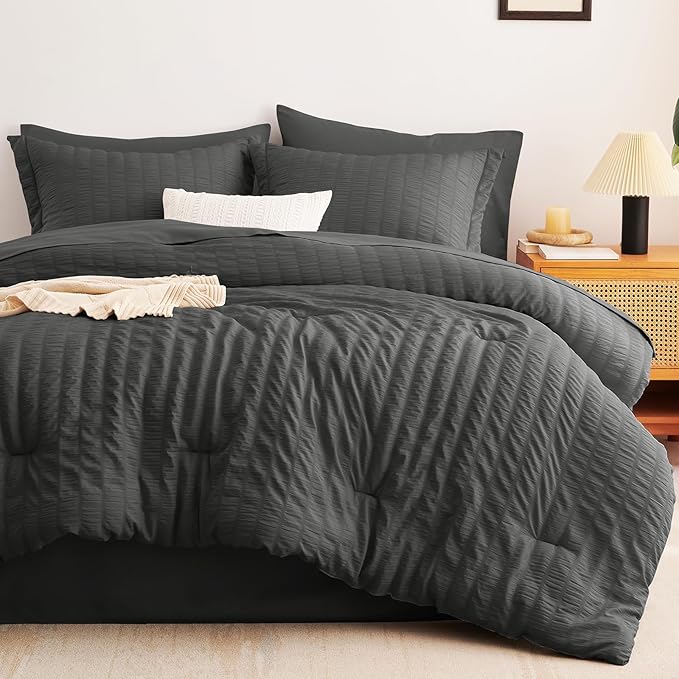 CozyLux Twin XL Comforter Set with Sheets Seersucker Dark Grey 5 Pieces Bed in a Bag, Dark Gray Twin Extra Long Bedding Sets for College Dorm with Down Alternative Comforter, Sheets, Pillowcase & Sham