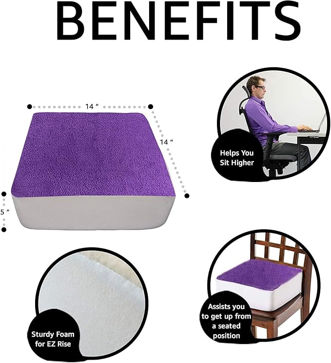 Comfort Finds Rise with Ease Seat Cushion - Thick Firm Chair Cushion Booster - Extra Thick Foam Pad for Home, Patio, Office and Car Seats - Extra Supportive Lift - 15.5 X 18 X 5 (Purple Fleece)