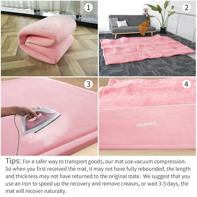 Huloo Sleep Ultra Soft Baby Play Mat for Floor, 1.3" Thick Elasti-Foam 59x59 Play Mat for Playpen,Water-Repellent Coral Velvet for Tummy Time, Non-Slip Backing,Safe for Toddlers & Infants(Pink)