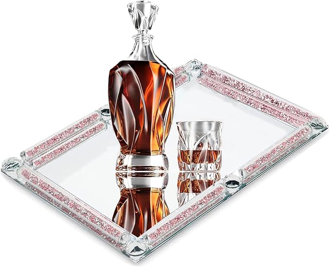 Large Glass Tray, Crystal Mirror Modern Jewelry Trinket Trays with Crushed Diamond, 15.7" x 11.8" Rectangular Makeup Perfume Tray for Bathroom Bedroom, Home Decor, Hotel Banquet, Party (Rose A)