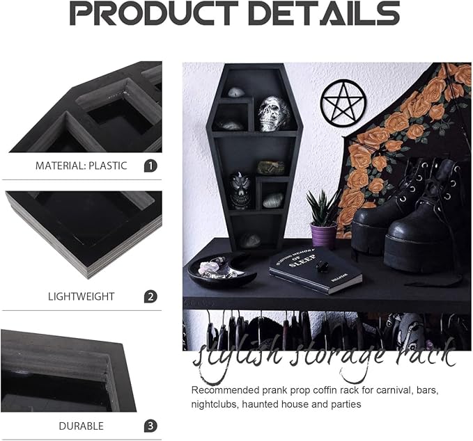 LIFKOME Halloween Coffin Storage Rack for Gothic Decor Unique Haunted House Prop Organizer for Candles Books and Collectibles Lightweight and Design