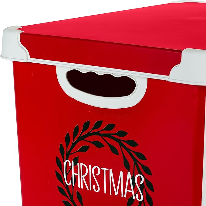 Simplify Christmas Wreath Design Holiday Tote Bin Ornament Storage | Dimensions: 15.4"x 11.4"x 9.25" | Holds 60 Ornaments | Red | Removable Lid | Easy Carry Handles |