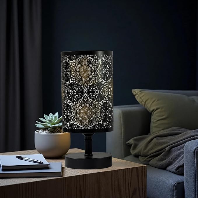 Victorian Style Floral Bedside Lamp Nightstand Lamp Black Metal Decorative Table Lamp for Bedroom Living Room,Dining Room,Kitchen Outdoor Patio, Floral Lampshade Lighting,Home Decoration