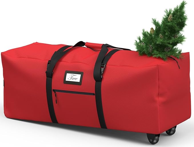 Christmas Tree Storage Bag with Rolling Wheels, Fits for 9ft Xmas Artificials, Large Xmas Storage Container with Reinforced Carry Handles and Fixed Buckle, 600D Oxford Cloth, Dual Zippers