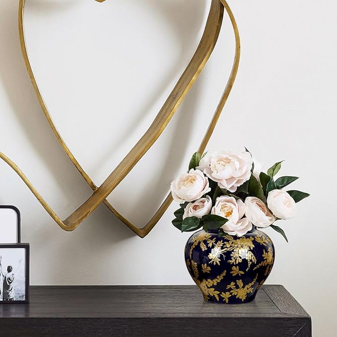 Hollyone Blue and Gold Vase Porcelain Vases 7inch Chinoiserie Vase Classic Ceramic Chinese Floral Vases for Bedroom Living Room Console Table Accent Shelf Tabletop Home Decor