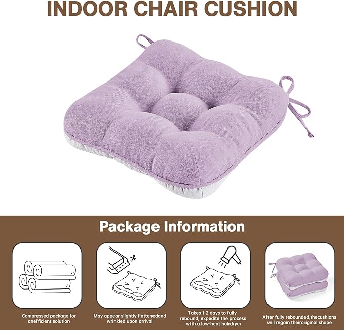 BETU Chair Cushions for Dining Chairs Set of 6,3.5" Thick Kitchen Table Chair Pads with Ties,Non Slip Backing and Covers, Seat Cushion for Dining Room,Bar,Patio Chairs,16"X16"X3.5",Purple