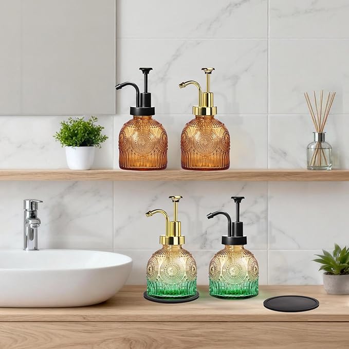 Amolliar 8 Oz Vintage Glass Bathroom Soap Dispensers with Pump, Refillable Kitchen Dish Soap Dispenser with Stripe, Antique Rustic Hand Soap Liquid Bottle (Green Gradient-Golden Pump)