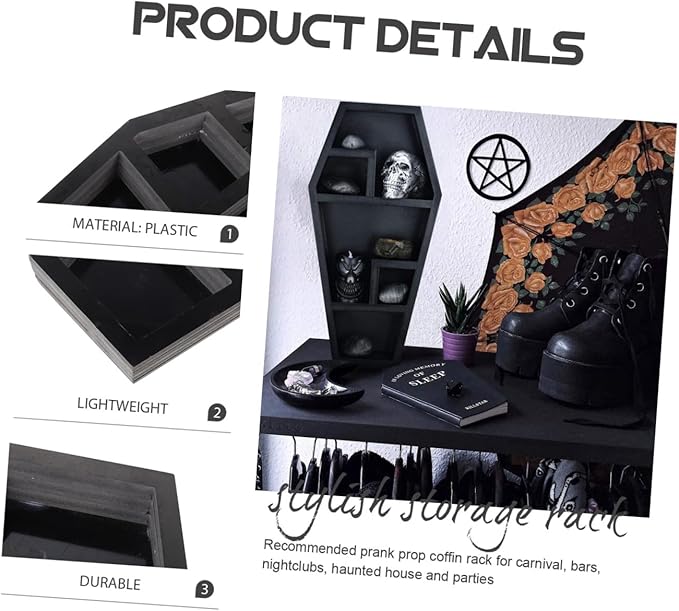 NOLITOY Desktop Organizer Coffin Shaped Storage Rack for Gothic Decor Halloween Display Shelf for Candles Books and Figurines Unique Storage for Spooky Collections