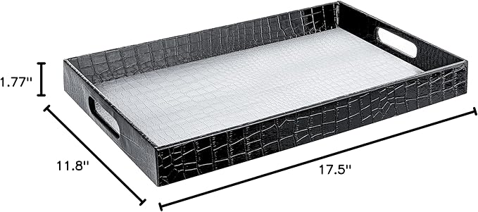 Home Redefined 17.5"x12" Silver & Black Glossy Crocodile Faux Leather Serving Tray Beautiful Modern Elegant Decorative Tray with Handles Ottoman Coffee Table Tv Remote Storage for All Occasion's