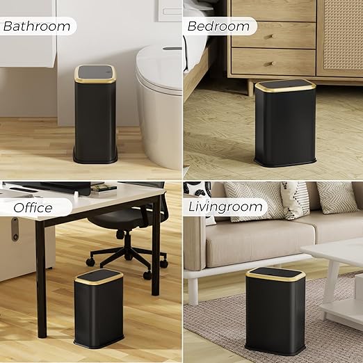 Bathroom Trash Can with Lid 8L/2.1 Gallon Black Trash Can Small Garbage Can with Press Top Lid Slim Stainless Steel Garbage Can with 100 Counts Trash Bags for Bathroom Bedroom Kitchen Office Toilet