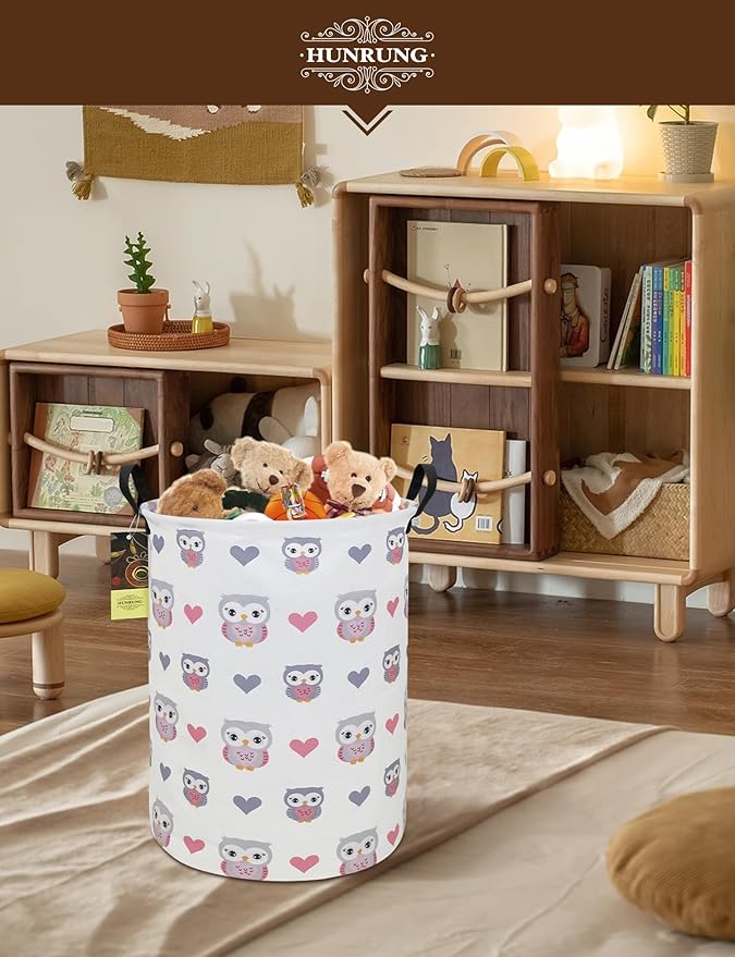 HUNRUNG Collapsible Fabric Storage Basket, Waterproof Laundry Hamper with Handles, Round Storage Bin for Clothes Toys, Foldable Organizer for Bedroom Nursery Bathroom(Round-Love Owl)