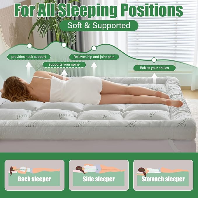 WhatsBedding 5 Inch Memory Foam Mattress Topper Full Size, Viscose Made from Bamboo, Breathable Air Layer, Soft Thick Pillow Top Mattress Topper for Back Pain