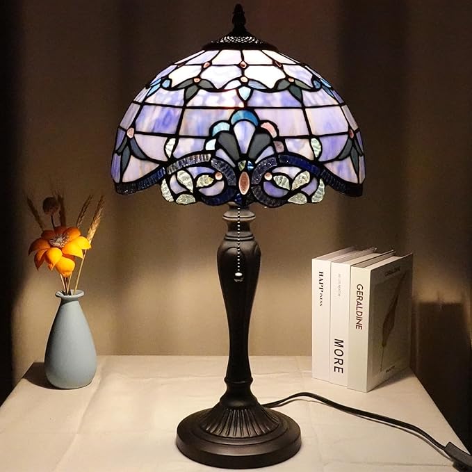 TL0015 Tiffany Table Lamp, Blue Baroque Stained Glass Shade, W12×OH21.5in, LED Bulb Included, for Bedroom Living Room (Blue Baroque)