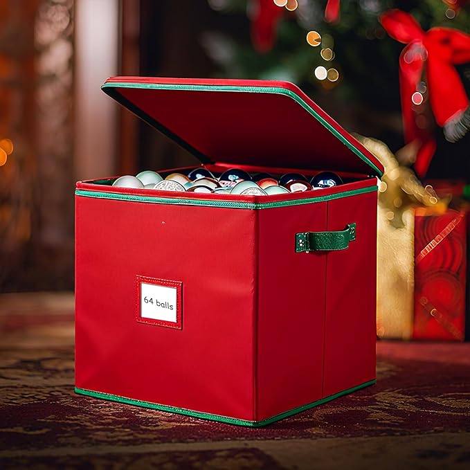 Christmas Ornament Storage Box with 4 Trays, Holiday Decor Storage Organizer for 64 Balls, Zippered Oxford Fabric Bin with Adjustable Dividers & Removable Compartments