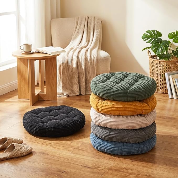 Large Floor Pillow for Adults, 22x22" Memory Foam Floor Cushion with Corduroy Cover, Round Floor Sitting Cushions for Meditation, Lounge,Seating for Yoga, Tatami Living Room (2, Round-Black)