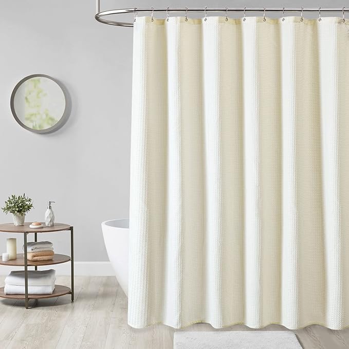 Dynamene Extra Long Shower Curtain,96 Inch Long Waffle Weave Weighted Thick Cloth Bathroom Shower Curtain, Neutral Heavy Duty Hotel Bath Curtain Set with 12 Plastic Hooks,72x96,Cream/Ivory