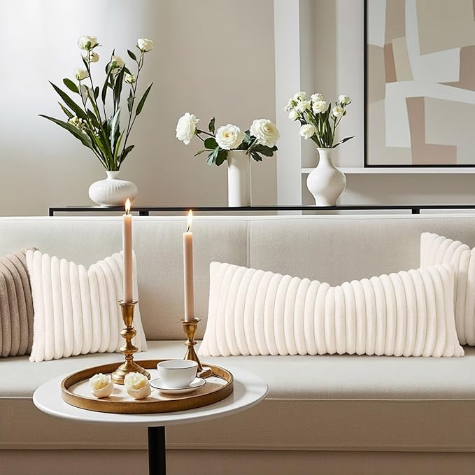 decorUhome Summer Cozy Faux Fur Throw Pillow Covers 14x36 Set of 1 Decorative Soft Plush Striped Lumbar Modern Farmhouse Boho Couch Pillow Cases with Velvet Back for Sofa Bed Living Room, Cream White