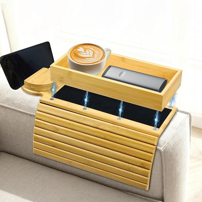 Couch Armrest Table, 3-in-1 Magnetic Removable Sofa Handrail Table,Bamboo Sofa Cup Holder for Meals, Beverages and Mobile Phones (Natural)