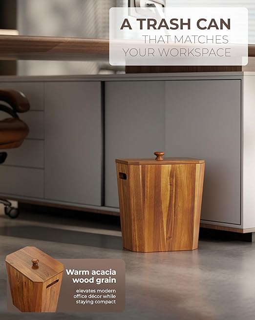 BLUEWEST 2.6 Gallons Acacia Wooden Wastebasket with Lid & PP Liner β Small Trash Can for Bathroom, Bedroom, Office β Decorative Wood Bin with Handle for Under Counter Use