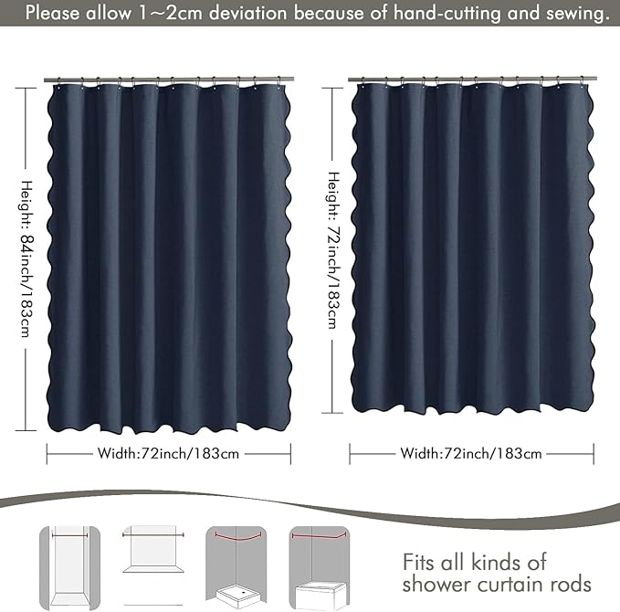 MIULEE 84" Long Scalloped Shower Curtain Linen Textured with 12 Metal Hooks Cute Extra Long Heavy Duty Washable Waterproof Cloth Shower Curtains with Black Border for Bathroom Hotel Bathtub,Navy