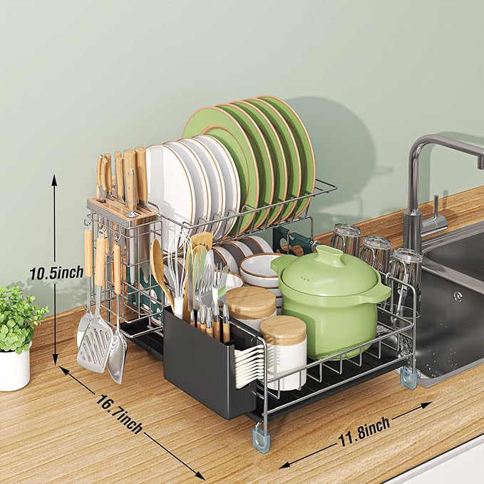 Dish Drying Rack - Large Capacity Stainless Steel Dish Rack for Kitchen Counter, 2-Tier Detachable Kitchen Organizers and Storage Rack with Drainboard and Cutlery Holder, Silver