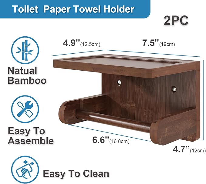 VERTORGAN 2 Pack Toilet Paper Holder with Phone Shelf,Bamboo Wall Mounted Tissue Roll Holder for Bathroom(Brown)
