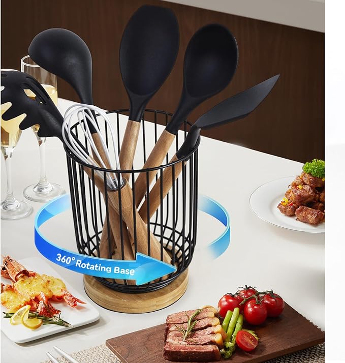 WDT Tool Utensil holder for Kitchen Counter,Large Utensils Holder For Farmhouse Cooking, Utensil Caddy Spatula Holder (Rotating+Metal+Bamboo-1)