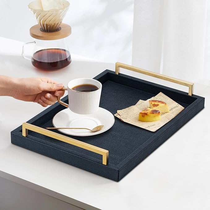 XIGEXIGE Black Faux Leather Serving Tray, 17x12 inches, Brushed Gold Handles, Decorative Tray for Ottoman Coffee Table, Living Room, Kitchen, Bathroom