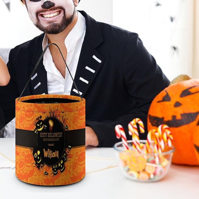Personalized Halloween Trick or Treat Candy Bag with Name Custom Text Party Tote Bucket Halloween Candy Basket Gift (Bag-5)
