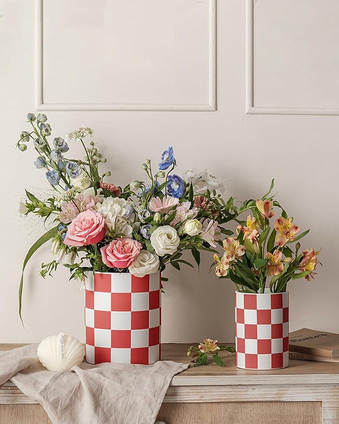 Utensil Holder,7.1"+5.8" Ceramic Kitchen Utensil for Counter top, Checkered Cooking Utensil Holder for Spatula & Spoon, Kitchen Decor, Set of 2 (Red Checkered)