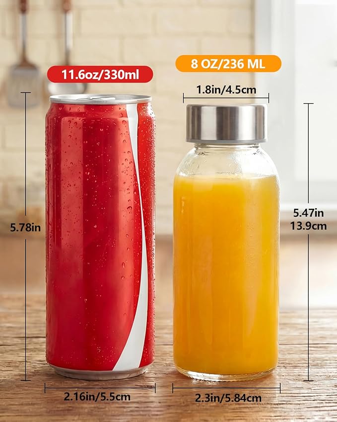 Zukro 8 oz Glass Water Bottles with Lids, Reusable Clear Juice Bottles With Stainless Steel Airtight Cap for Juicing, Ginger Shot, Milk, 250ml Leak Proof Small Smoothie Container, BPA Free, Set of 12