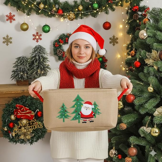 INough Christmas Basket Large Christmas Gift Baskets Empty Fabric Organizer Bin with Handles, Gift Bags Foldable Holiday Toy Gift Holder for Fireplace, Kids Room, Home Decor
