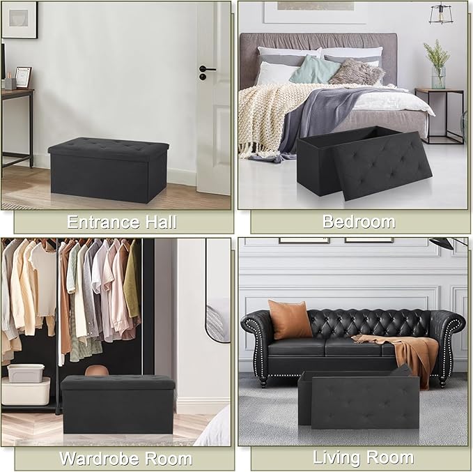 VECELO 30'' Folding Storage Ottoman Bench, Storage Chest, Linen Fabric Foot Rest Stool, 110L Storage Footstools for Bedroom and Living Room, Holds up to 440 lbs, Dark Black