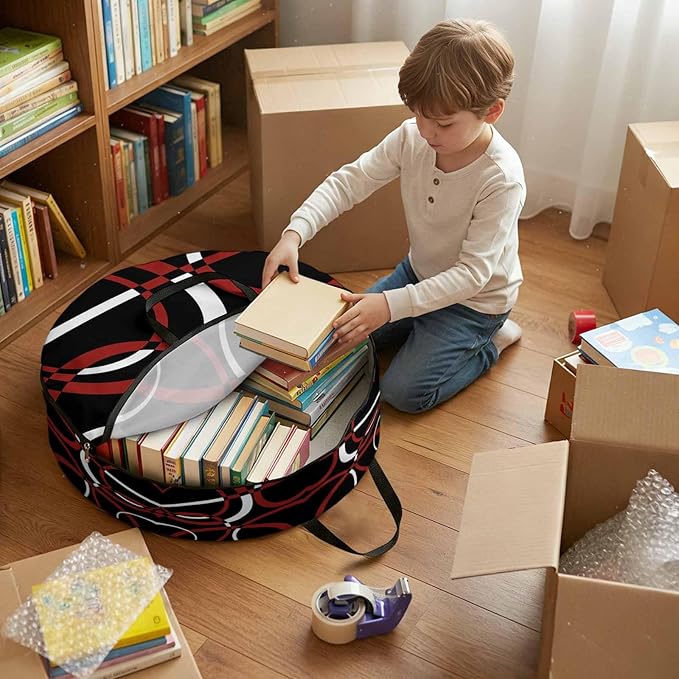 Storage Bag Red Black Geometric Circle Round Storage Totes Bins Closet Organizers with Zippers & Handle Modern Abstract Lines Clothes Storage Container for Bedroom Dorm Space Saving Packing Supplies