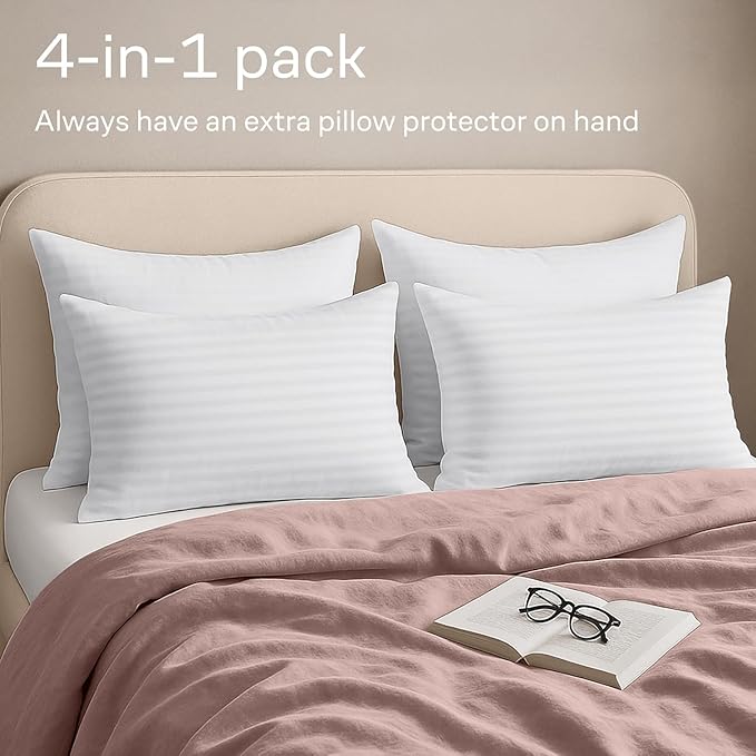 Ultra Soft Pillow Protectors with Zipper Standard Size - Set of 4 Breathable Pillow Covers - 100% Protection Against Stains, Dust & Dirt - Machine Washable (Dark White)