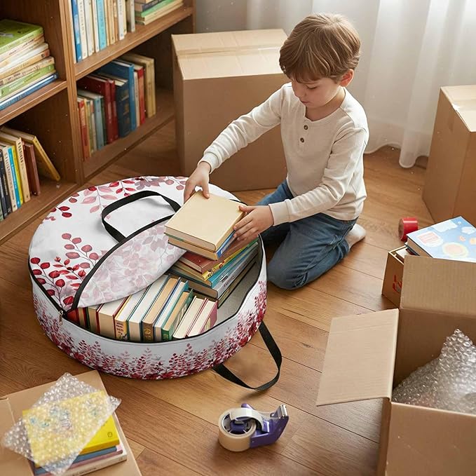 Storage Bag Red Eucalyptus Leaves Round Storage Totes Bins Closet Organizers with Zippers & Handle Berry Branch Nature Plant Clothes Storage Container for Bedroom Dorm Space Saving Packing Supplies