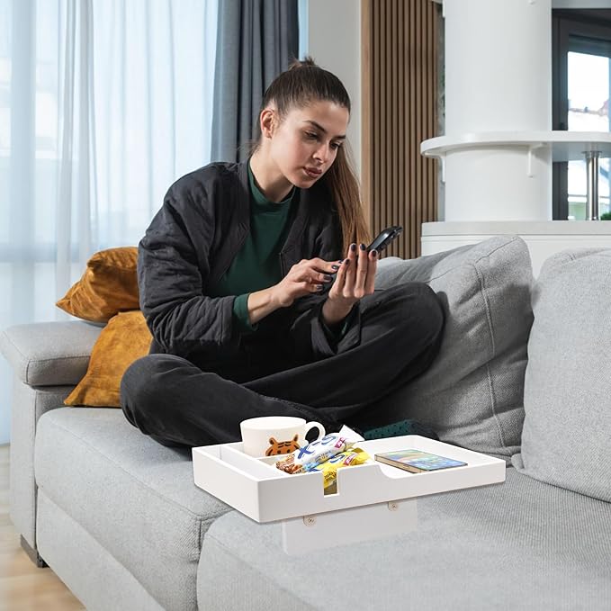 Nnewvante Sofa Tray Between Cushion, 2-in-1 Insert & Flat Sofa Organizer Bamboo with 2 Cup Holders,Fits Middle Couch or Ottomans,for Snacks, Drinks, Remotes,15.35x9.84-inch,White