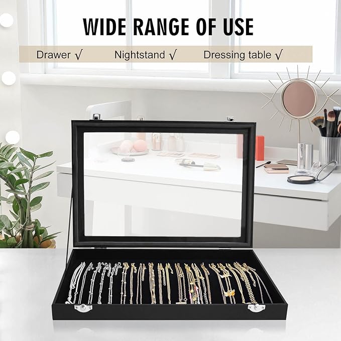 Siveit Premium Necklace Organizer Box - 20 Hooks Jewelry Tray with Transparent Lid - Display Box for Necklaces, Pendants - Suitable for Women and Girls (Black)