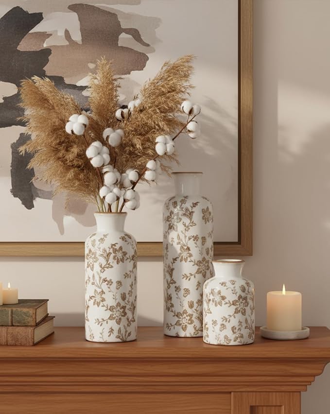 Ceramic Vase Set of 3, Vintage Ceramic Flower Vases, Crackle-Glaze & Distressed Rim, Brown Botanical Pattern, for Home Decor, Living Room Mantel & Dining Table Centerpiece