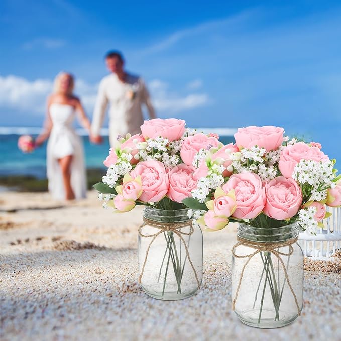 Zeyune 6 Sets Mason Jar Centerpiece Table Decorations, Artificial Peony Baby's Breath Flower Bouquets, Faux Flowers with Vase, Rustic Decor Gifts for Home, Wedding, Holiday (Light Pink)