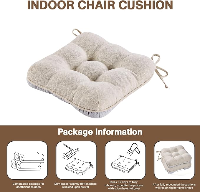 BETU Chair Cushions for Dining Chairs,3.5" Thick Kitchen Table Chair Pads with Ties,Non Slip Backing and Covers,Seat Cushion for Dining Room,Bar,Patio Chairs,18"X18"X3.5"