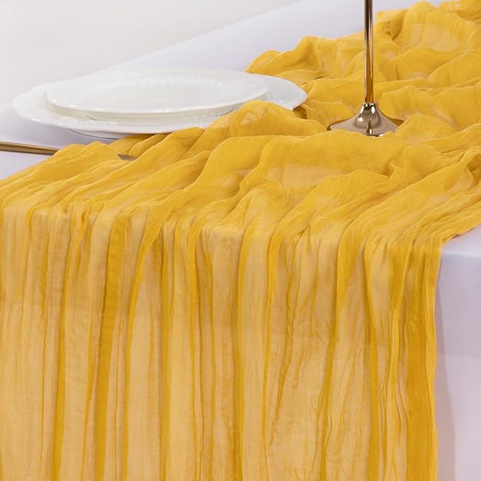 Socomi Gold Yellow Cheesecloth Table Runner Easter Spring Boho Rustic Gauze 120 inch 10FT Cheese Cloth Runner for Wedding Party Baby Shower Birthday Home Decor Holiday Decorations