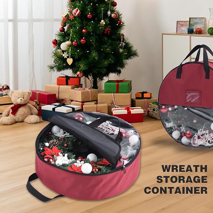 Christmas Wreath Storage Bag 36 inch Christmas Decoration Container with Transparent Window Garland Storage Bag with Three Handles Double Zipper (red) (36")