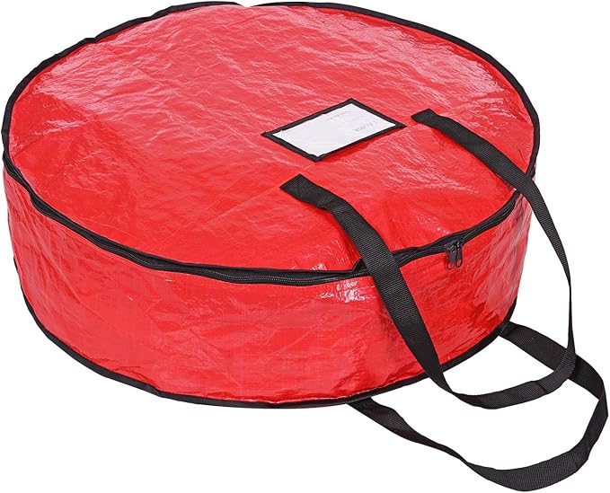 ProPik Christmas Wreath Storage Bag 24" - Garland Holiday Container with Tear Resistant Material - Featuring Heavy Duty Handles and Transparent Card Slot - 24” X 8” (Red)