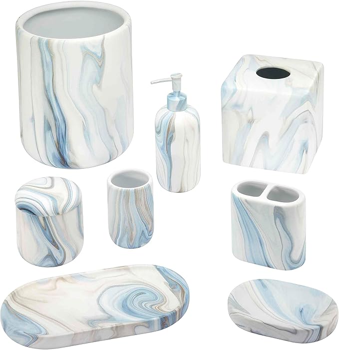 Avanti Linens - Covered Jar, Resin Countertop Accessories, Guest Bathroom Essentials (Waves Collection, Blue)