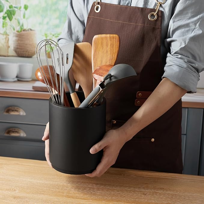 Bivvclaz Wooden Utensil Holder, 360°Rotating 7.2" Utensil Holder for Kitchen Counter, Large Kitchen Utensil Holder, Cooking Utensil Crock for Countertop, Black Kitchen Decor and Accessories
